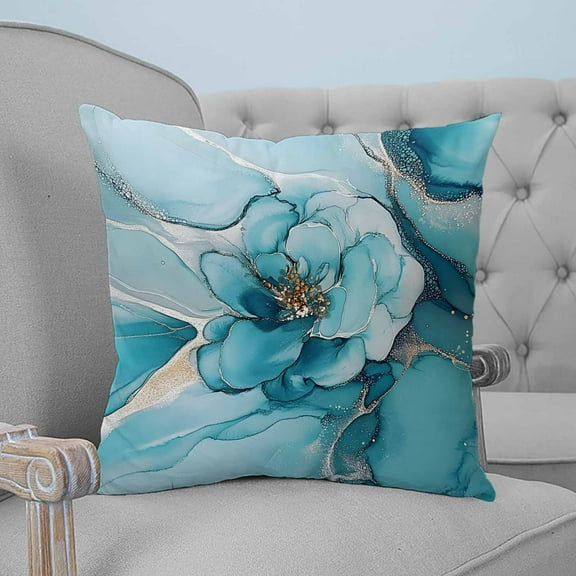 Teal Floral Marble Decorative Pillowcase 24''x24'', Modern Abstract Impressionist Art Throw Pillow Covers Soft Cushion Case for Couch Sofa Bedroom Living Room, Pillowcase Boho Decor