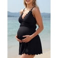 thumbnail image 4 of Sociala Ribbed Maternity Swimsuit One Piece Swim Dress Scalloped V Neck Pregnancy Bathing Suit Tie Back Swimwear, 4 of 8
