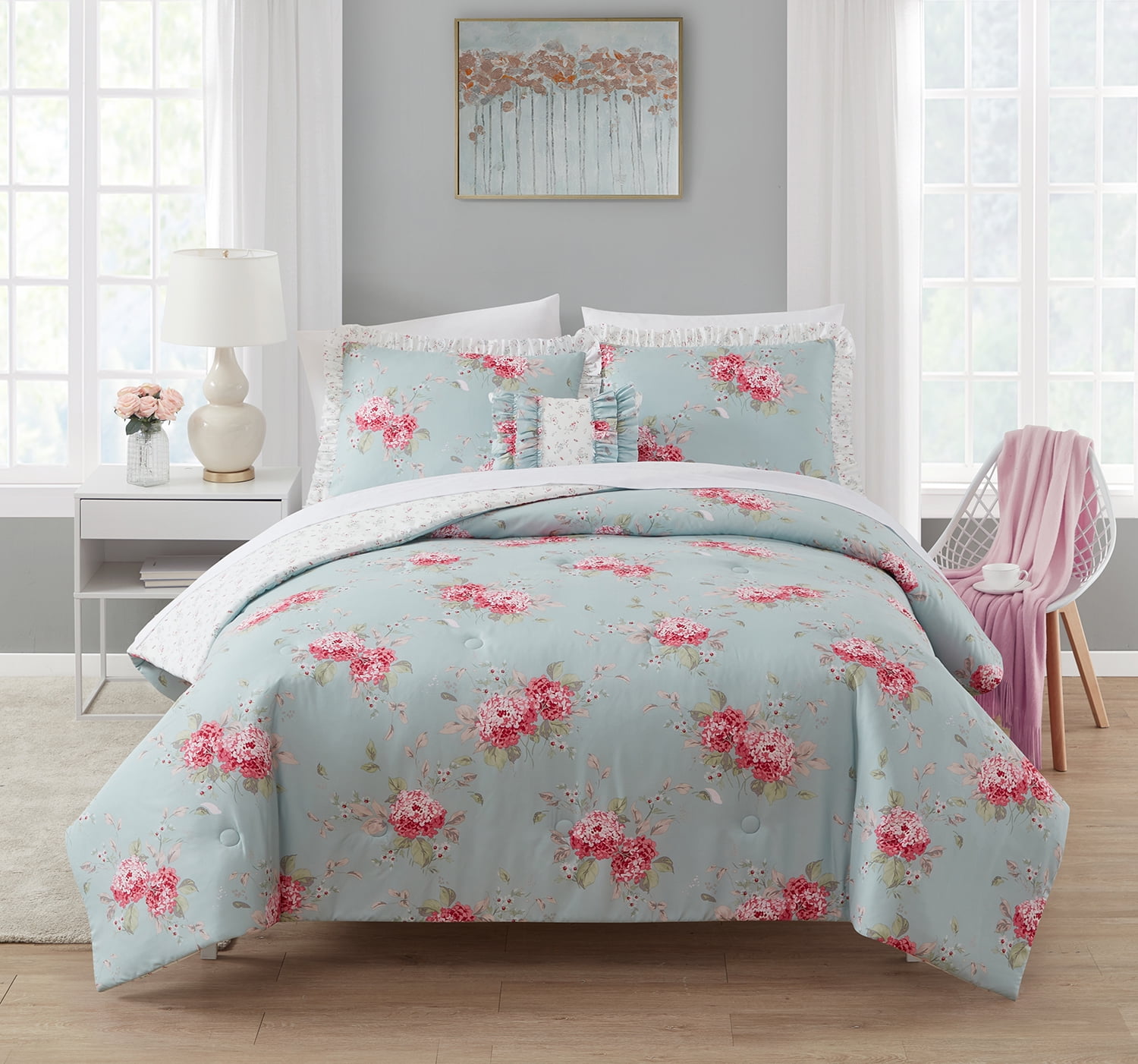 BEAUTIFUL COTTAGE CHIC BLUE WHITE COUNTRY FARMHOUSE ROSE FLORAL LEAF QUILT SET 