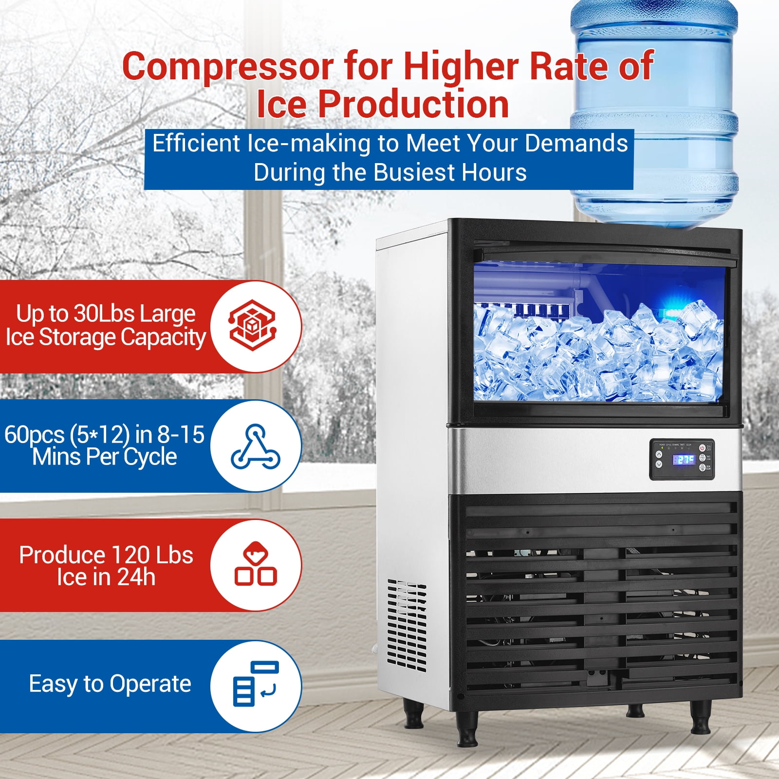 110lbs/24H Commercial Ice Maker Machine, 27lbs Storage, Makes 55 Clear Cube Ice Every Cycle in 10-20 Mins, Stainless Steel