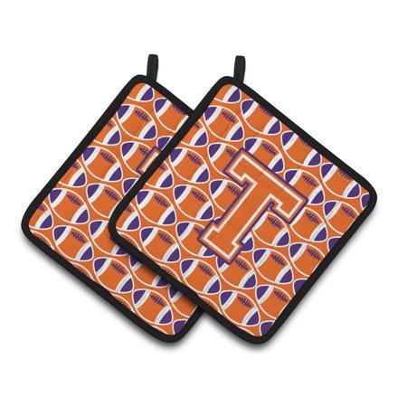 Letter T Football Orange  White and Regalia Pair of Pot Holders