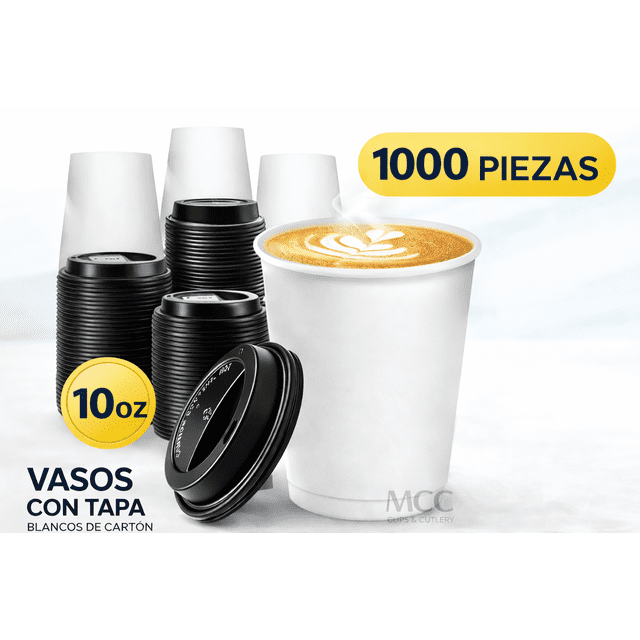 VASO CARTÓN BLANCO 10 OZ CON TAPA 1000 PIEZAS