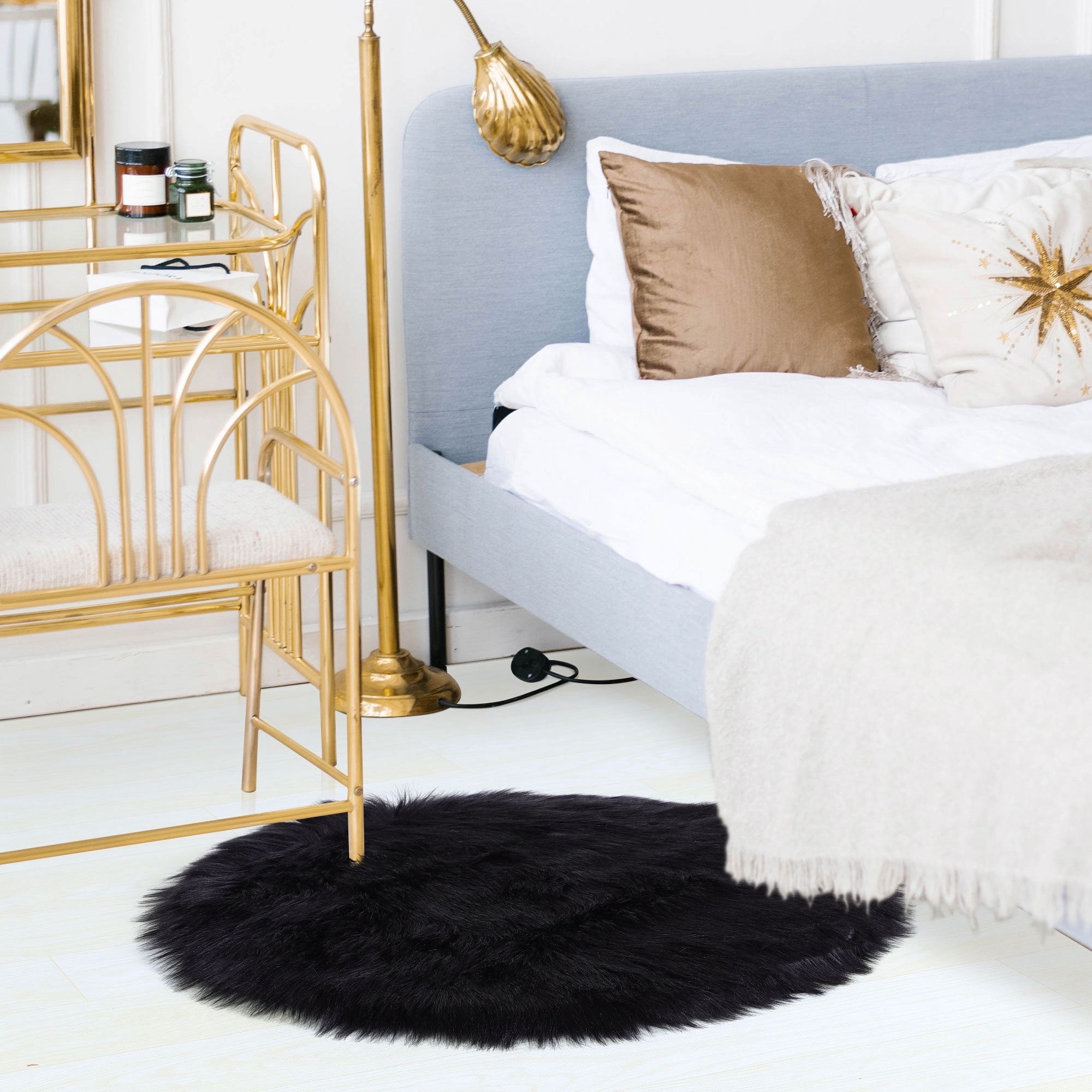 Unique Bargains Artificial Animal Wool Soft Faux Fur Sheepskin Plush Area Rug Black 2x2 Feet Round