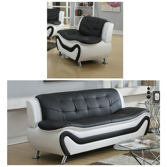 Frady Black and White Faux Leather Modern Living Room Sofa and Chair Set