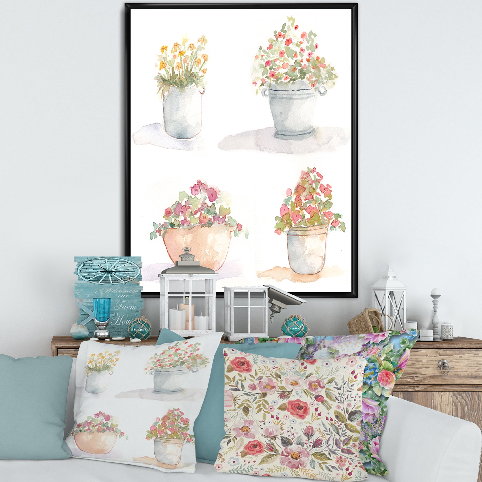Designart 'Abstract Four Outdoor Flower Pots' Traditional Framed Canvas Wall Art Print