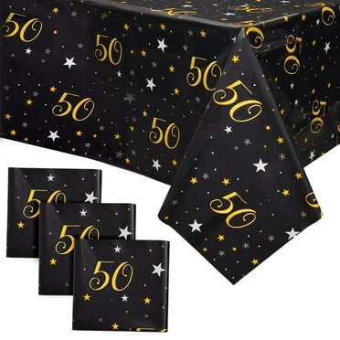 3 Pack 50th Birthday Tablecloth for Party Decorations, Plastic Table Covers for Anniversary (Black, Gold, 54 x 108 In)
