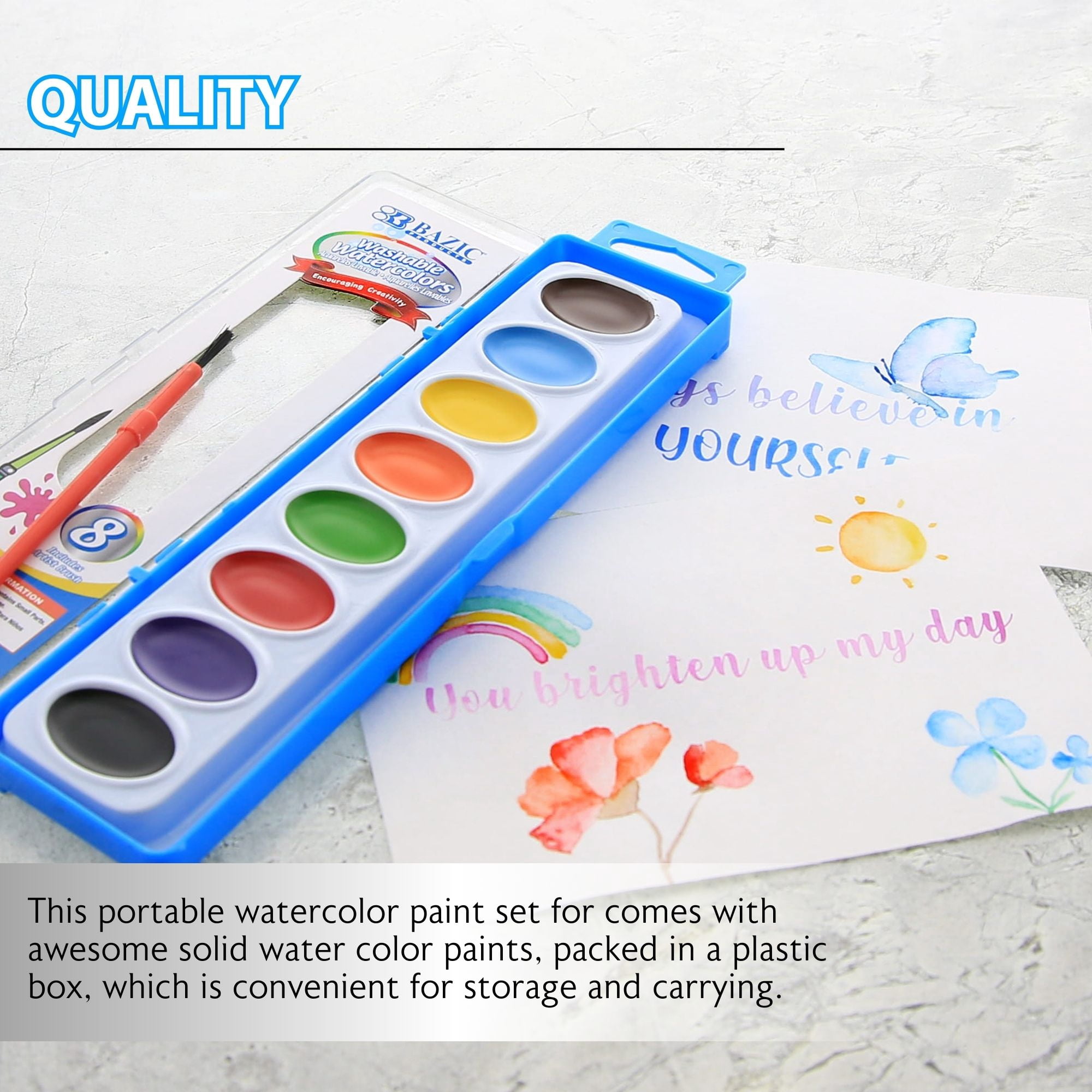 BAZIC Watercolor w/ Brush Semi Moist 8 Color, Non-Toxic Paint Set, 24-Pack