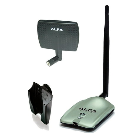 Alfa AWUS036NH 2000mW 2W 802.11g/n High Gain USB Wireless G / N Long-Range WiFi Network Adapter with 5dBi Screw-On Swivel Rubber Antenna and 7dBi Panel Antenna and Suction cup / Clip Window