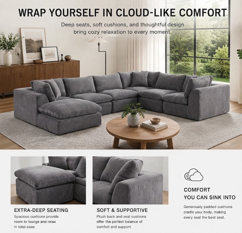 Oversized U-Shaped Sectional Sofa with Ottoman, 7-Seater Modular Chenille Cloud Couch, Deep Seat Frameless Sofa for Living Room, Apartment, Office