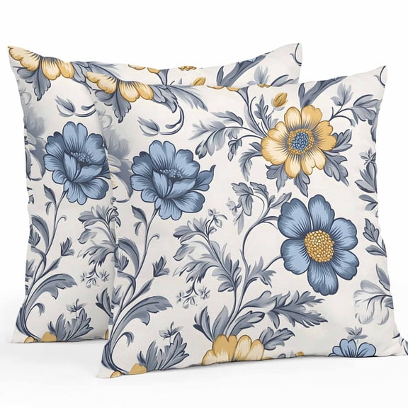 Vintage Flower Outdoor Pillow Covers Pack of 2 Abstract Floral Art Leaf Yellow Blue Waterproof Throw Pillow Covers Decorative Cushion Cases for Patio Garden Tent Balcony Couch 26x26 inch