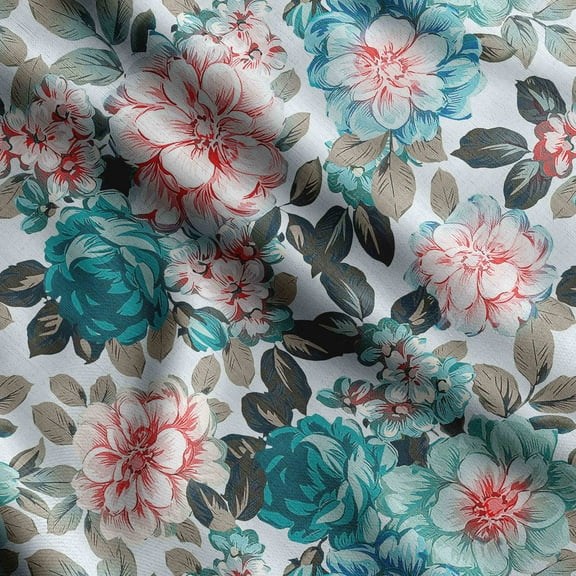 Soimoi Chinese Floral Print, Silk Fabric, Decor Sewing Fabric by The Yard 42 Inch Wide,Decorative Fabric for Shirts Suits Ties, Teal Blue