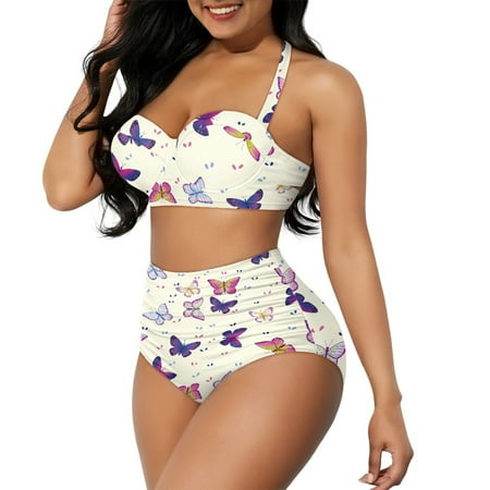 Yuyamidu Fashion Women Bathing Suits Tankini Butterfly High Waisted Bikini Set Size 2XL Novelty Cheeky Push Up Swimsuits Quick Dry Tummy Control Swimwear  2 PCS