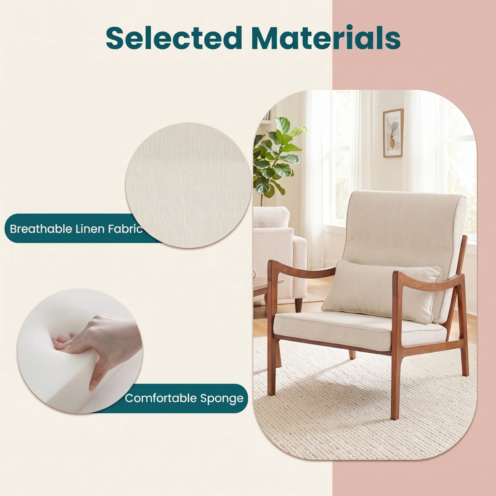 Furnibear Modern Accent Chair, Rubber Wood Faux Leather Upholstered Armchair with Removable Back Cushion, Lumbar Pillow & Padded Seat, Living Room Reading Side, White