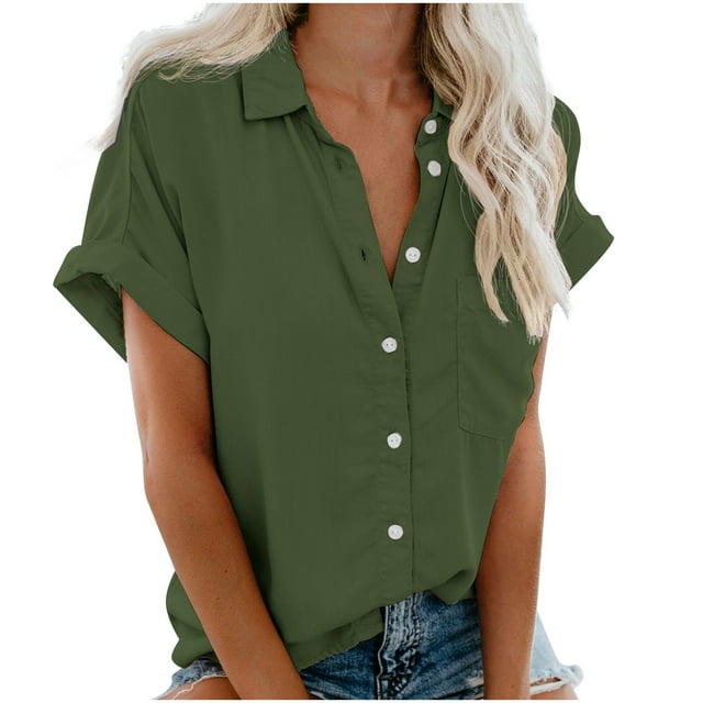 fheaev Button Down Shirts Womens Short Sleeve Casual Summer Tops Soft Fashion Collared Work Office Blouses Business Tunic Tops With Pocket