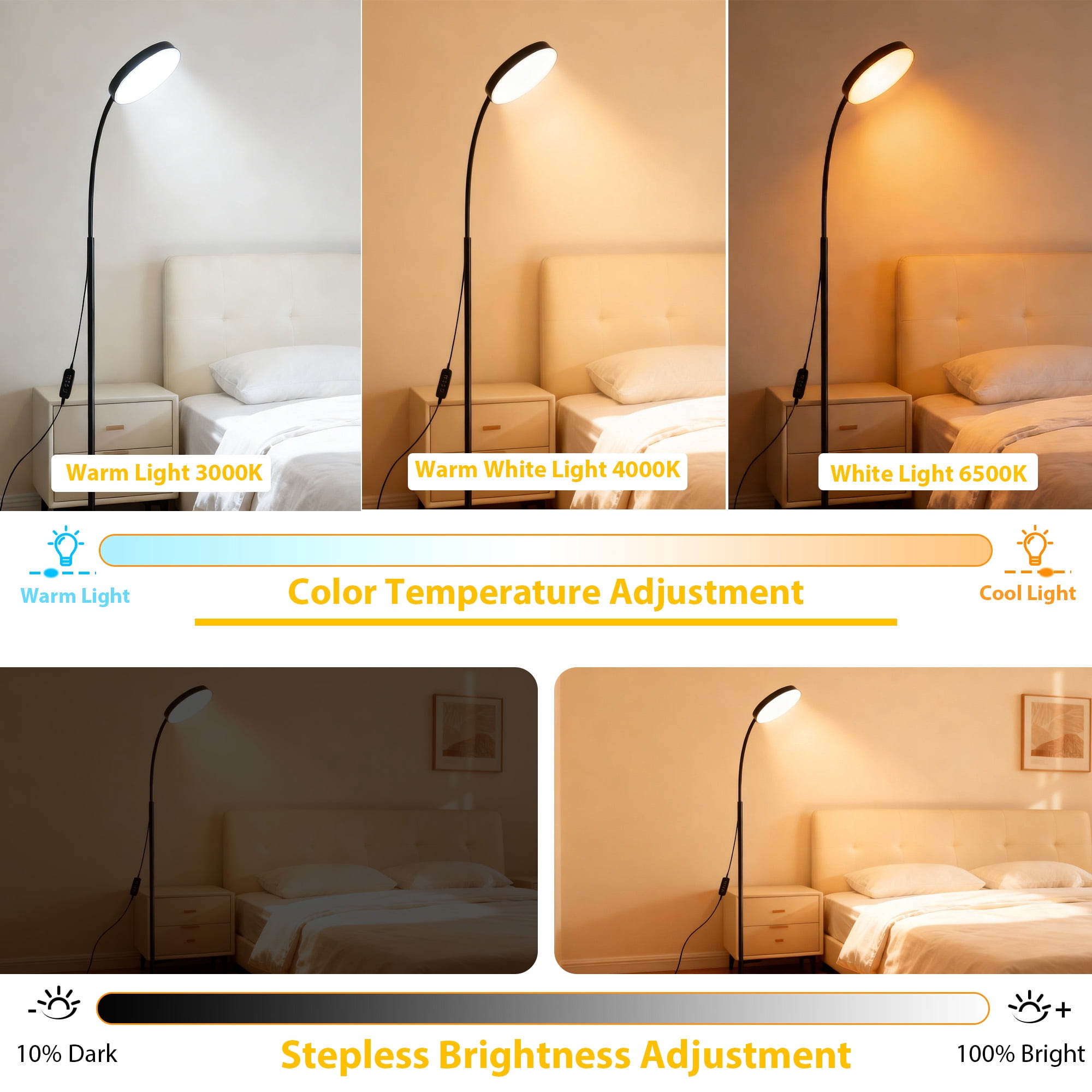 Gaormii Adjustable Height LED Floor Lamp, 3 Colors and 10 Brightness Dimmable Standing Lamp for Living Room Bedroom Office, Black