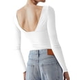 thumbnail image 3 of QAFOPEH Women Low-Cut V Neck Long Sleeve Solid Color Slim Cropped Top, 3 of 5