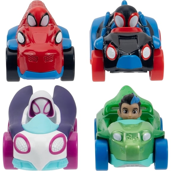 Jazwares Marvel Spidey and His Amazing Friends (4pk) Die-Cast Dino-Webs Vehicles, 3" Metal Toy Cars with Built-In Characters for Kids, Boys and Girls