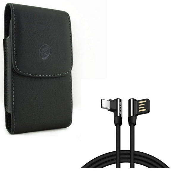 Holster Leather Case Belt Clip w Charger Cord 6ft Type-C Angle USB Cable X1V for Acer Liquid Jade Primo - ASUS ZenFone AR 4 Pro - Blackberry Motion - BLU Vivo XI Plus - Google Pixel 3a XL 3 XL