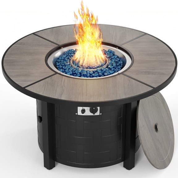 TLGREEN 42" Propane Fire Pit Table with Lid, 50,000 BTU Auto-Ignition Circular Gas Fire Pit for Outdoor, Includes Waterproof Cover & Blue Fire Glass (Gray)
