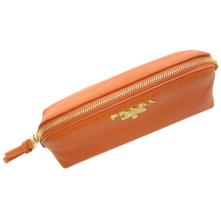 New Prada Papaya Orange Vitello Daino Pouch Cosmetic Case 1ND005 