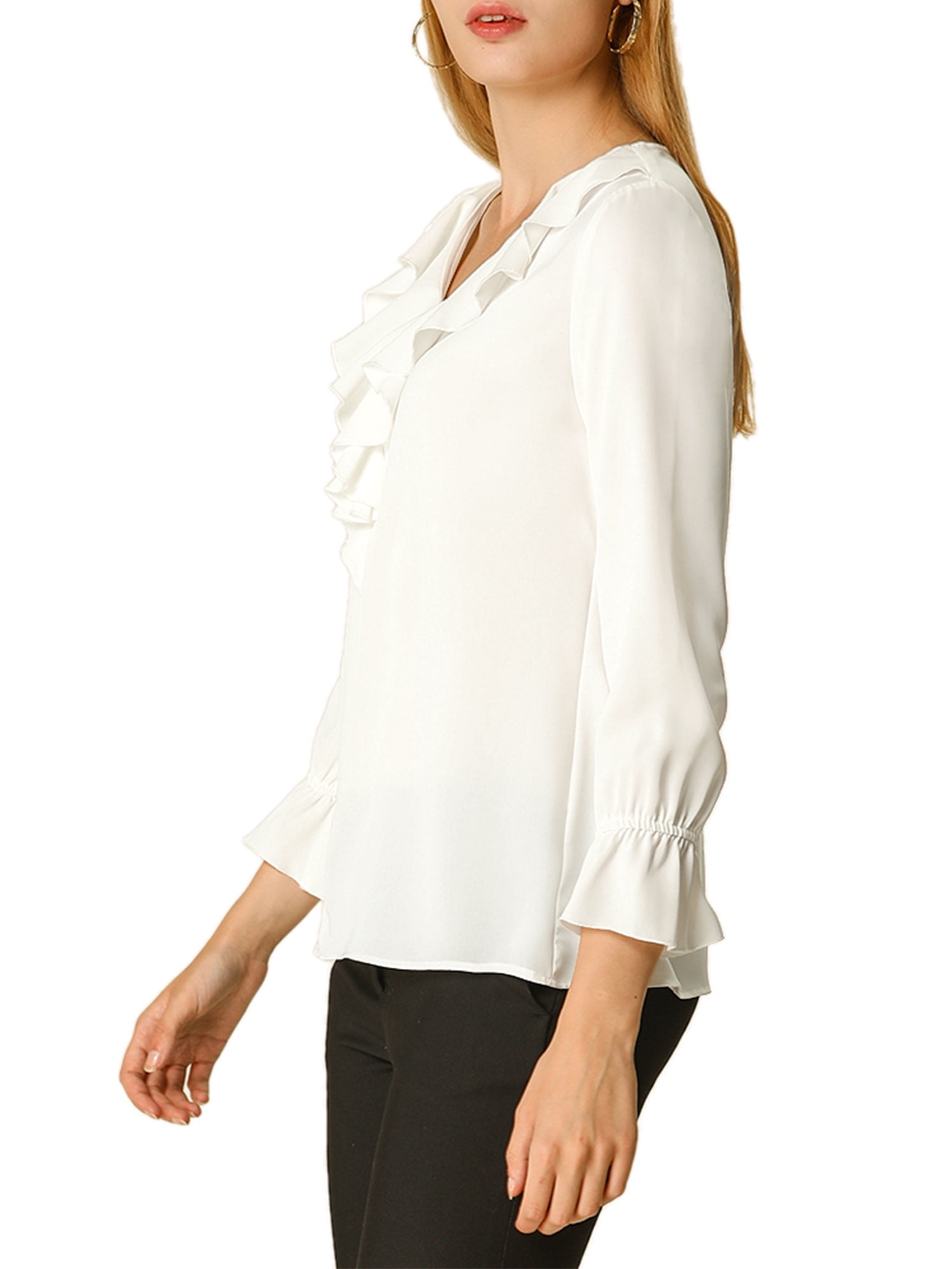 DARING DIVA Women's Ruffle V Neck Chiffon Peasant Blouse L White