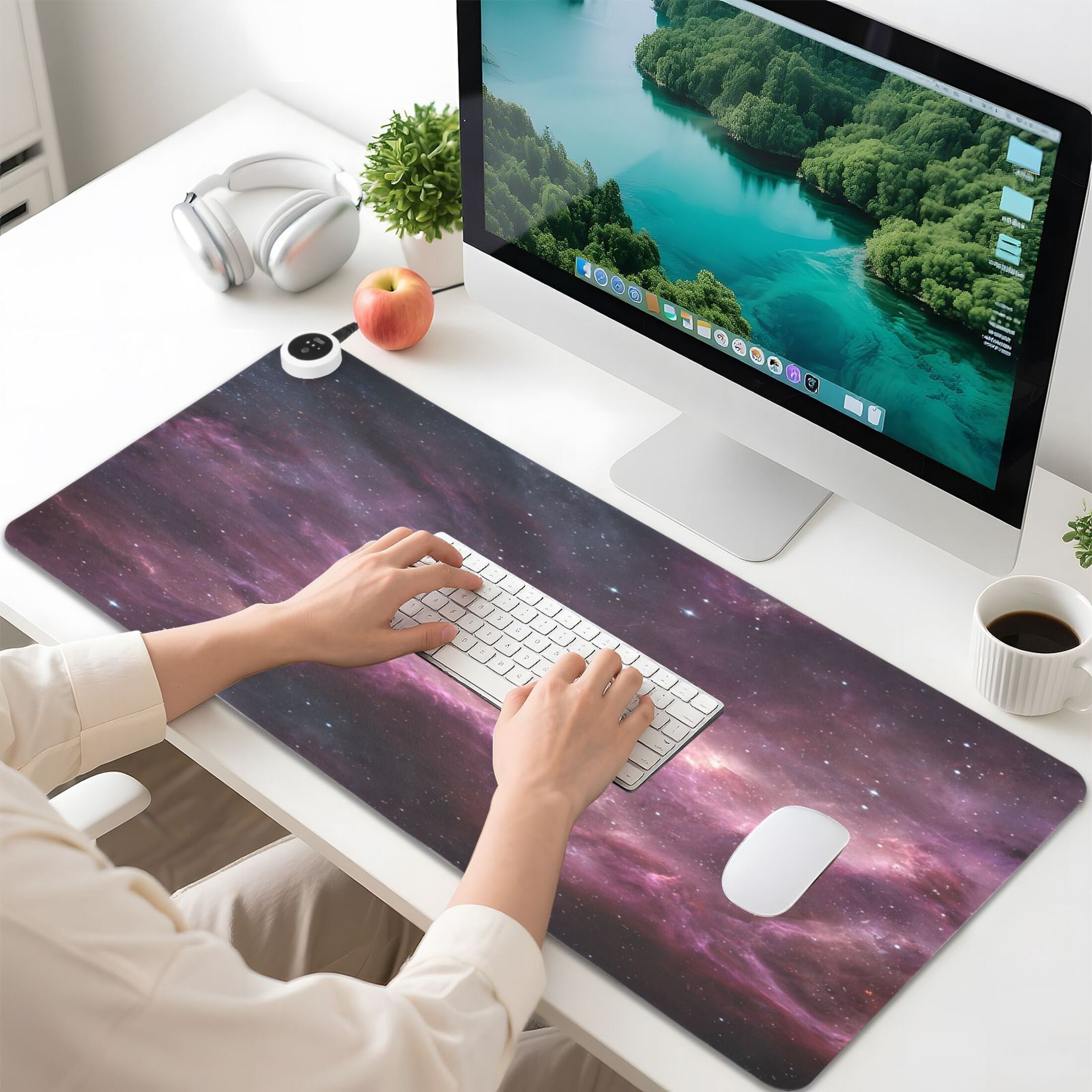 Large Heated Desk Mat Mouse Pad 31.5"x13"PU Leather Graphene Heating Desk Warmer with 3 Temperature Settings 110V US Plug Non-Slip Warm Pad for Home, Office, and Gaming Deep Space Nebula Art