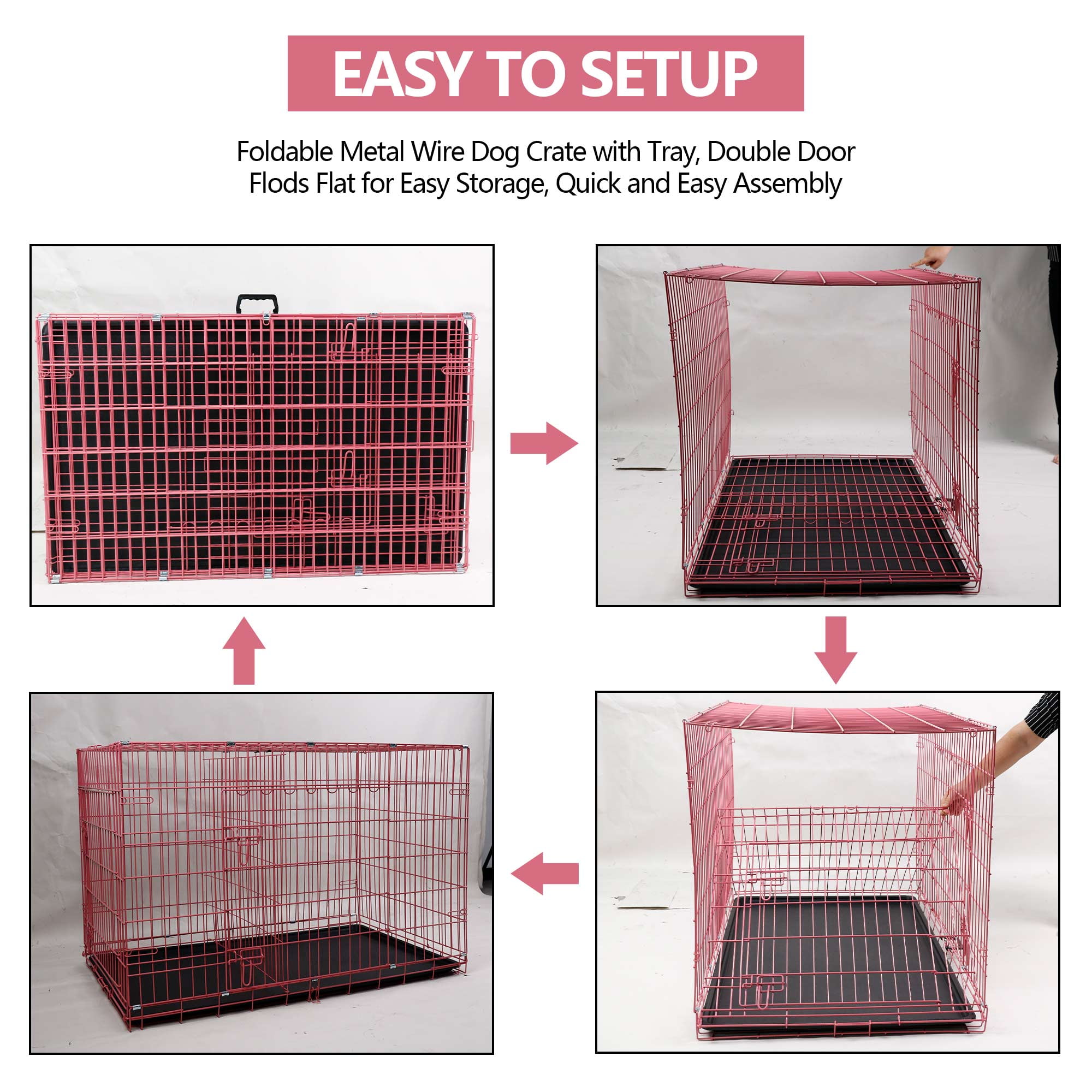 YRLLENSDAN 42inch Dog Crate, Large Dog Kennel Indoor Large Dog Crate Metal Dog Crate with Divider & Double-Door Big Dog Cage Foldable Dog Crate Wire Dog Crate, Pink