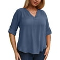 thumbnail image 4 of WellSize 3/4 Roll Sleeve Work Shirts for Women Plus Size Tunic Tops Flowy V Neck Button Down Blouses with Pockets, 4 of 8