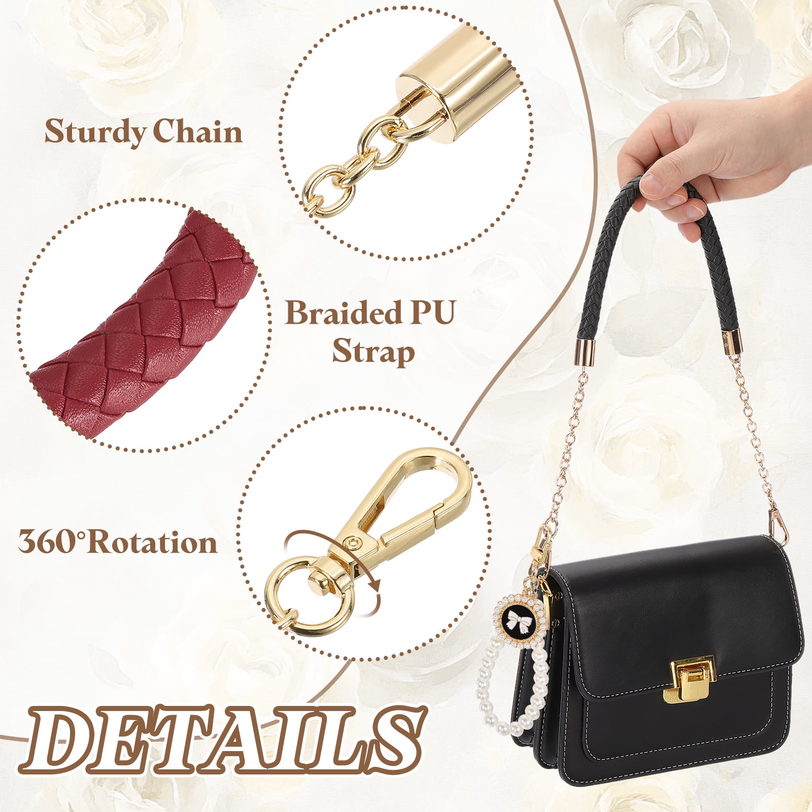 Uxcell 2 Pcs PU Leather Chain Purse Strap, 23.6 Inch Braided Purse Handles Replacement Strap with Pearl Pendant for Tote Bag Handbag Underarm Bag (Wine Red, Light Gold Chain)