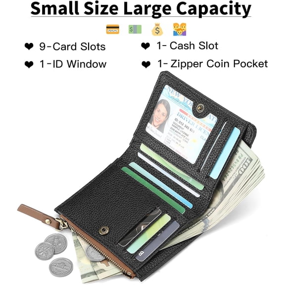 JINYUN-Small Wallet Women Leather RFID Blocking Bifold Zipper Pocket Card Holder with ID Window
