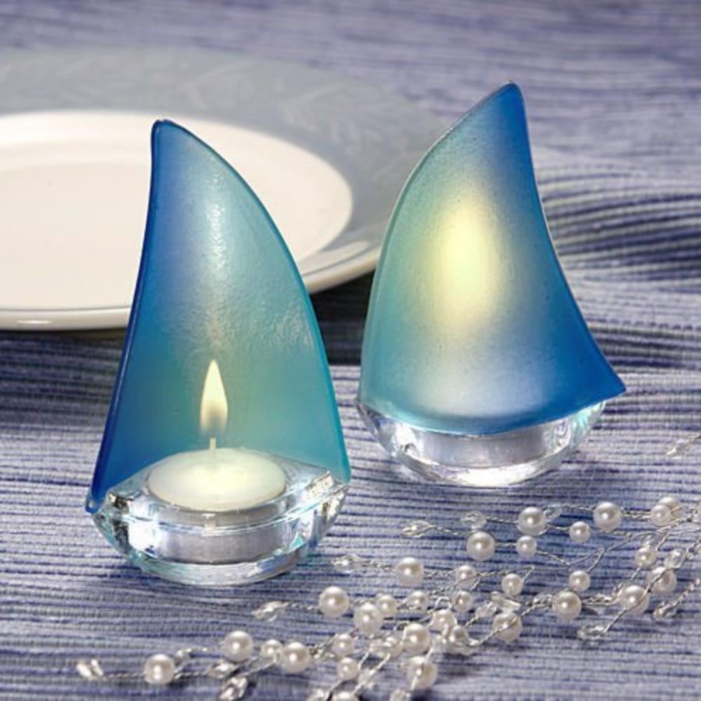 Blue Frosted Glass Stylish Sailboat Votive Tea Light Candle Holders