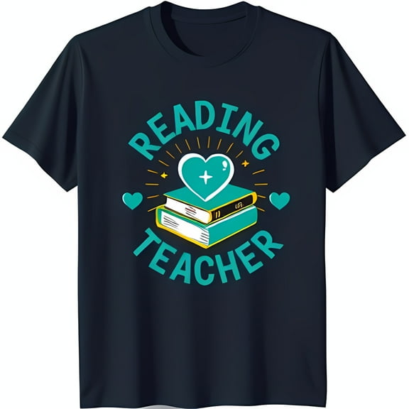 Teal Blue 'Reading Teacher' Graphic T-Shirt with Book Stack & Heart Design