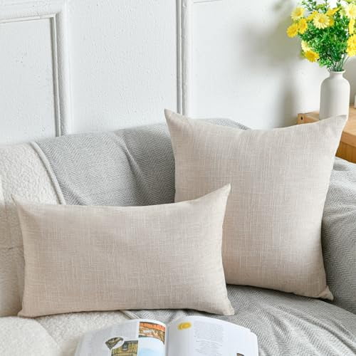DWCN Linen Decorative Pillow Covers Comfortable Soft Cushion Covers for Sofa Couch Badroom,12 x 20 Inches, Natural Beige, 2 Pack