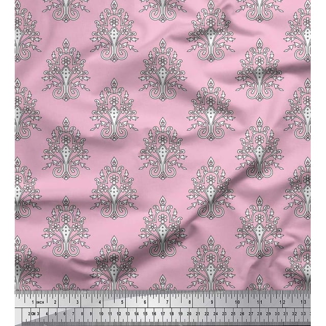 Soimoi Modal Satin Fabric Leaves,Floral & Paisley Block Printed Fabric 1 Yard 42 Inch Wide