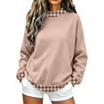 thumbnail image 4 of Women's Oversized Colorblock Crew Neck Sweatshirt Plaid Trim Patchwork Long Sleeve Loose Fit Pullover Top Cozy Featuring Playful Gingham Contrast Cuffs and Collar,Soft Casual Tunic Style. Khaki, 4 of 6
