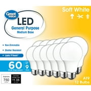 Great Value LED Light Bulb, 9W (60W Equivalent) A19 General Purpose Lamp E26 Medium Base, Non-dimmable, Soft White, 12-Pack