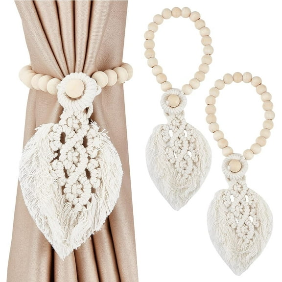 2Pcs Boho Curtain Holdbacks Cotton Farmhouse Theme Curtain Tie Backs One Leaves with Adjustable Natural Wood Beads Tie Back Holder for livingroom Office Decorative Rope White