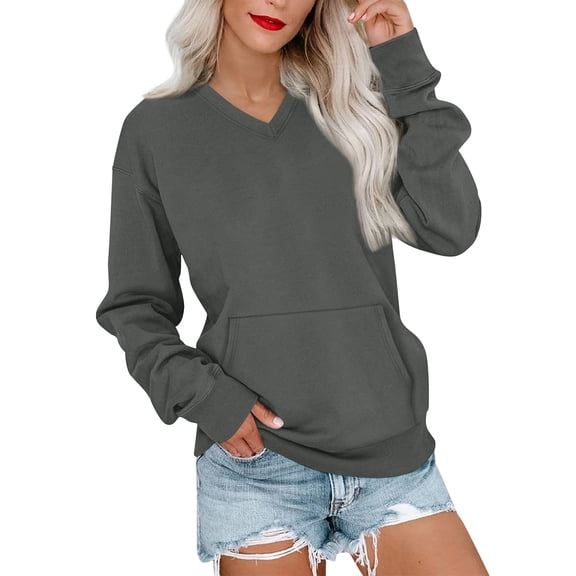 V Neck Sweatshirt Women with Pockets Casual Plain Comfort Hoodless Hoodies Cozy Fleece Pullover Sweatshirts No Hood Dark Gray XXL