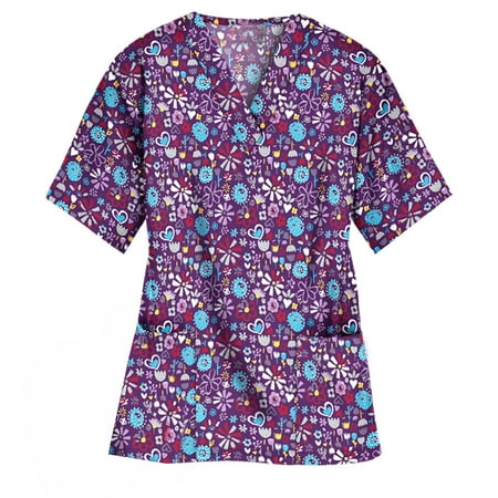 

2023 Scrub Tops Women Print Print Nurse Uniforms for Women Short Sleeve V-Neck Shirts Tee Tops with Pockets