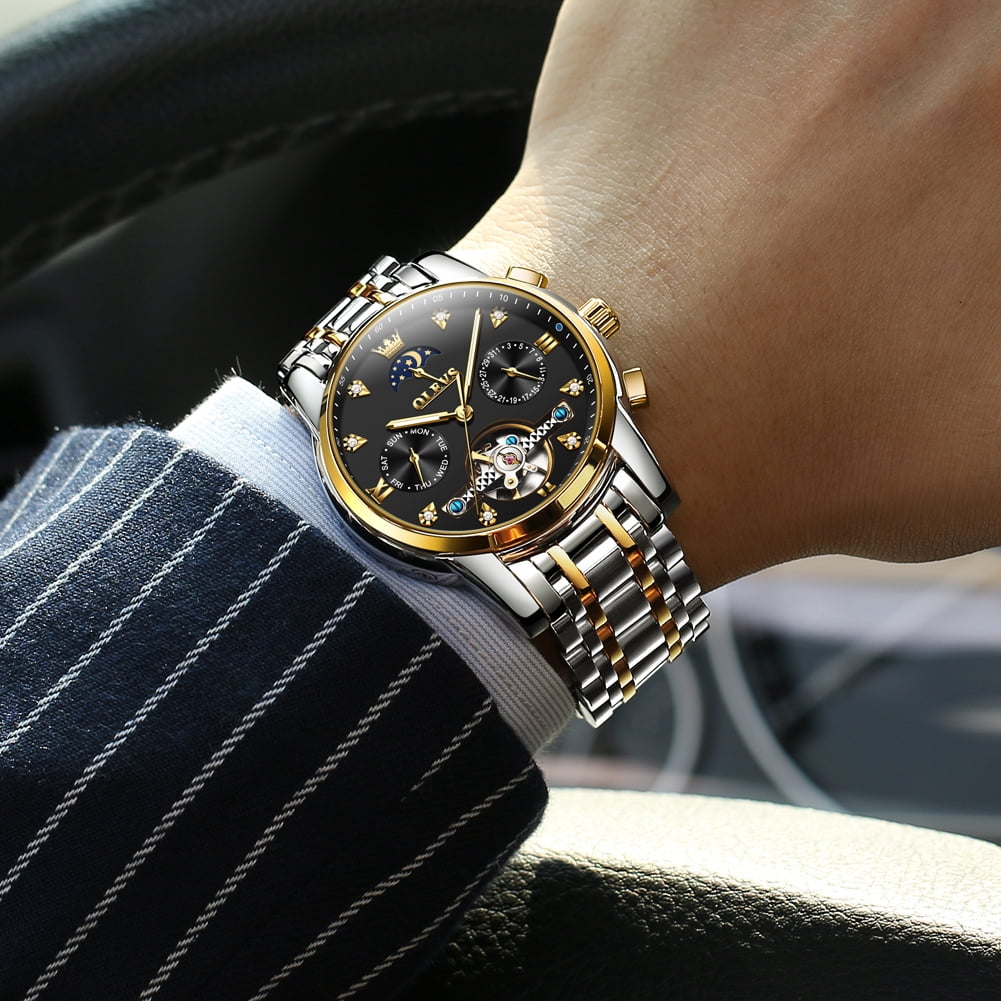 OLEVS Automatic Watches for Men Self Winding Mechanical Skeleton Flywheel Chronograph Luxury Dress Stainless Steel Diamond Moon Phase Waterproof Luminous Mens Wrist Watches Reloj Para Hombre