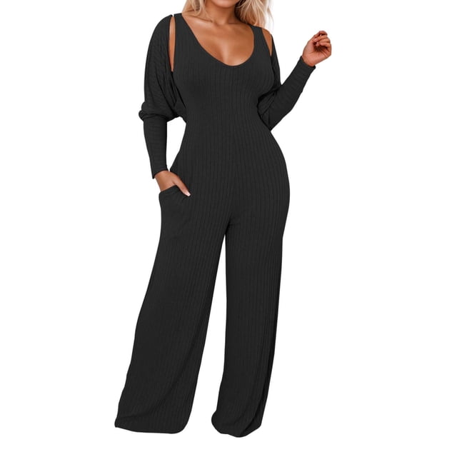 TrendOFT Formal Jumpsuit For Women Summer Plus Size Casual Long Sleeve Deep V Neck High Stretch Ribbed Rompers For Women One Piece Overalls Black M