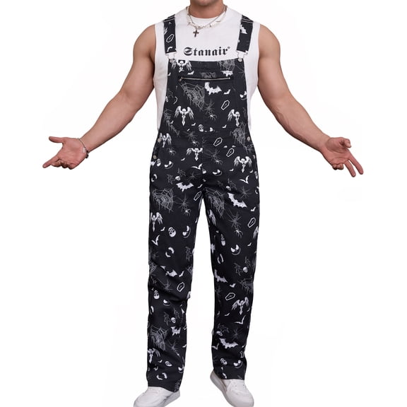 Mens Overalls Bib Coveralls Printed Jumpsuit Festival Outfits(Ghost,L)
