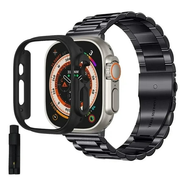 Correa Para Apple Watch, Eslabones de Acero Inoxidable con Case de Vidrio, Compatible con Todas las Series