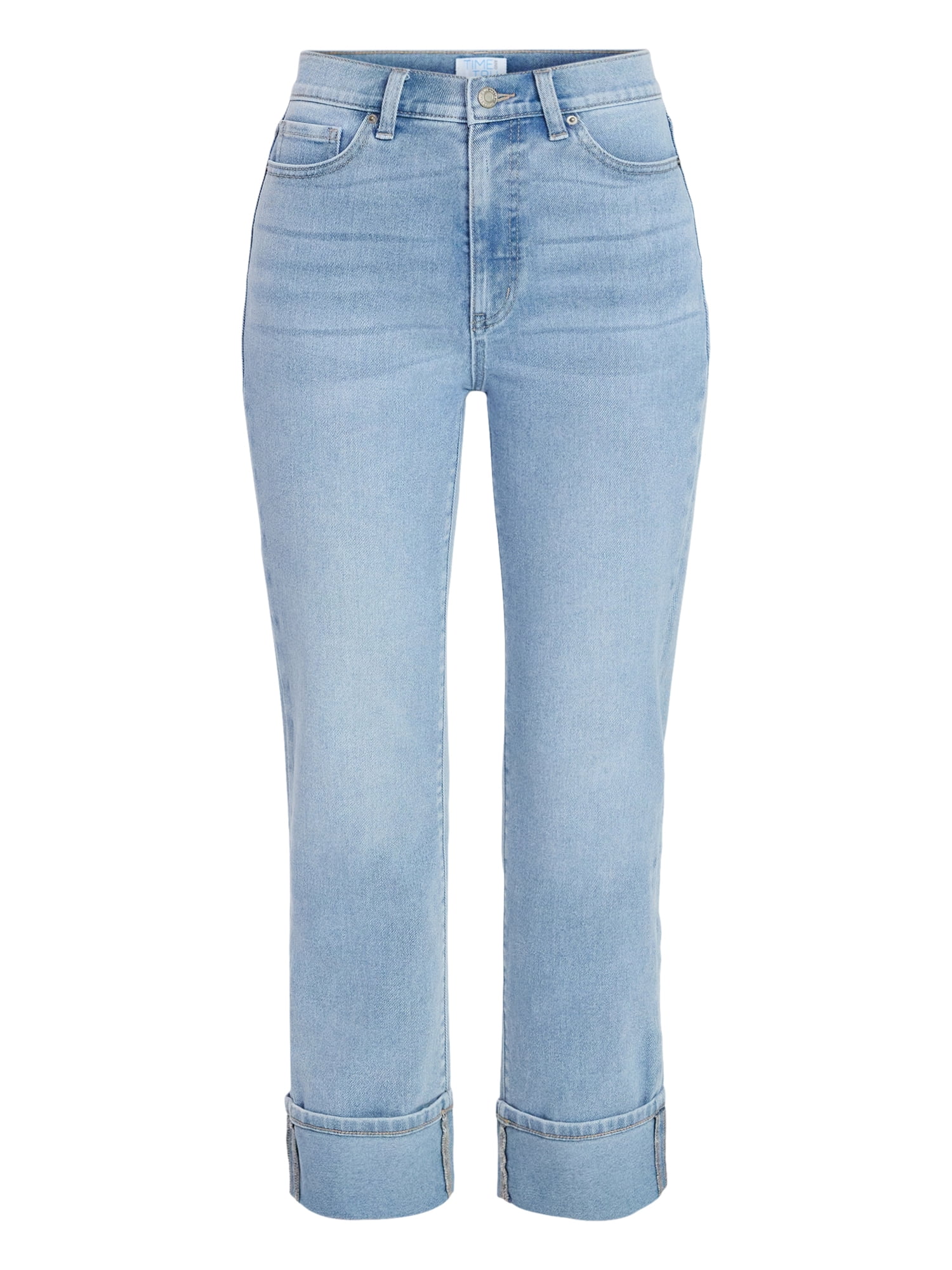 Time and Tru Women's High Rise Straight Leg Cuffed Jeans, 26.5" Inseam, Sizes 0-20