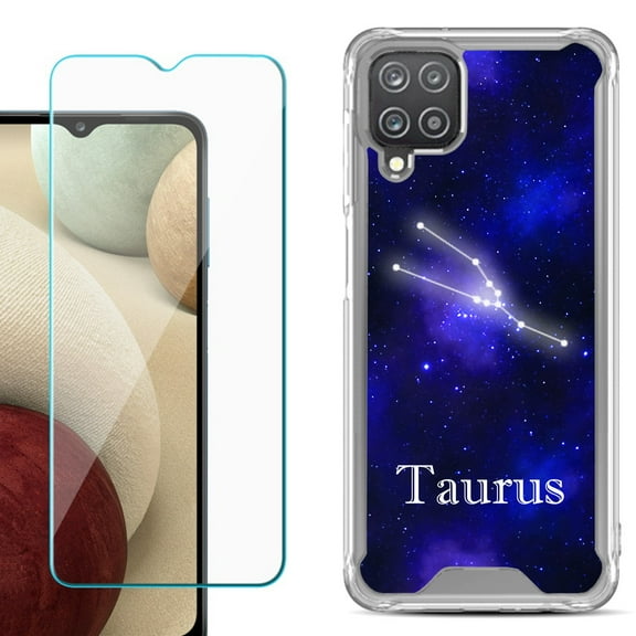 Shockproof Bumper Phone Case for Samsung Galaxy A12, with Tempered Glass Screen Protector, by OneToughShield ® - Zodiac / Taurus