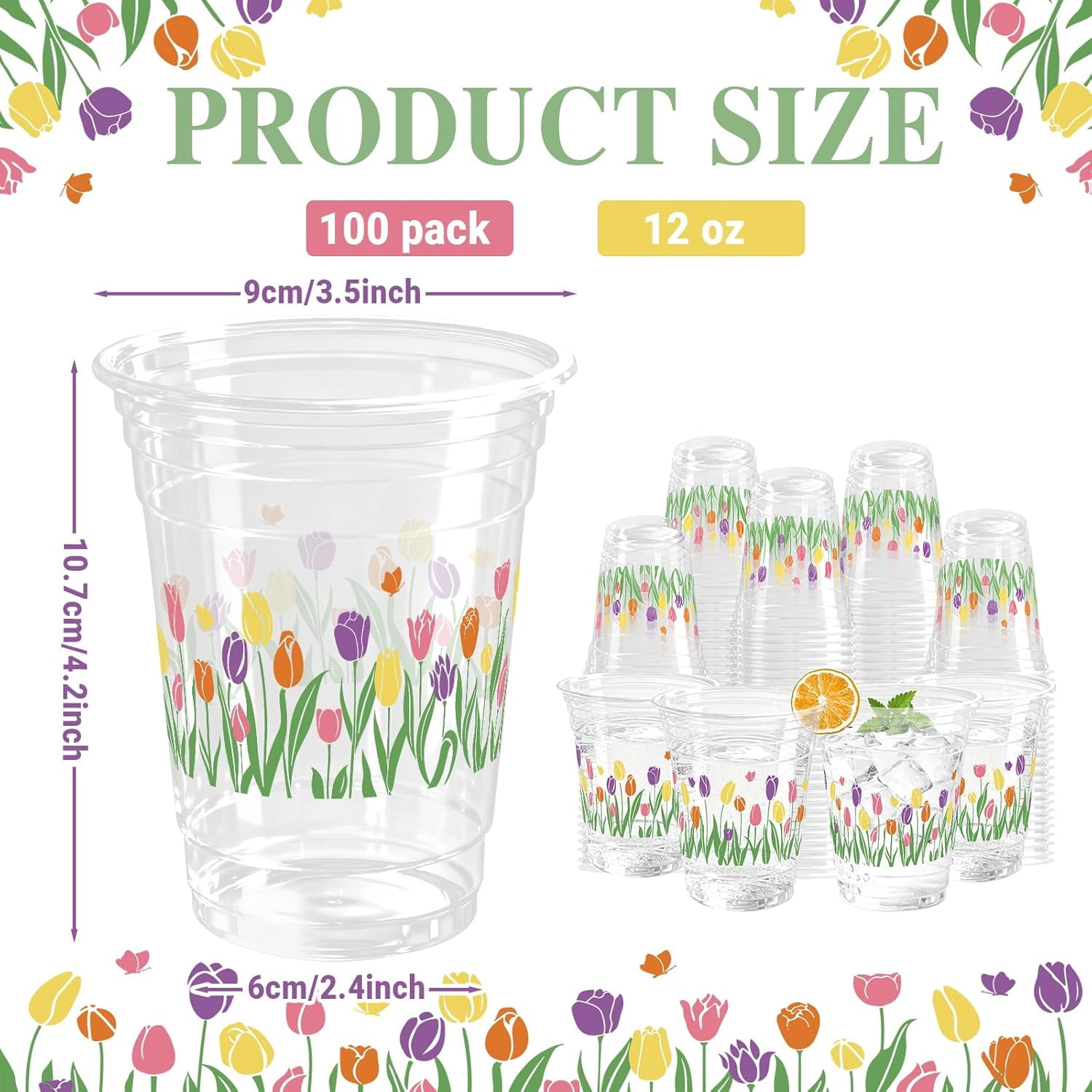 100 Pcs Tulip Floral Plastic Cups 12 oz Easter Floral Drinking Cup Flower Spring Summer Disposable Cold Beverage Cup for Spring Birthday Wedding Baby Shower Party Supplies