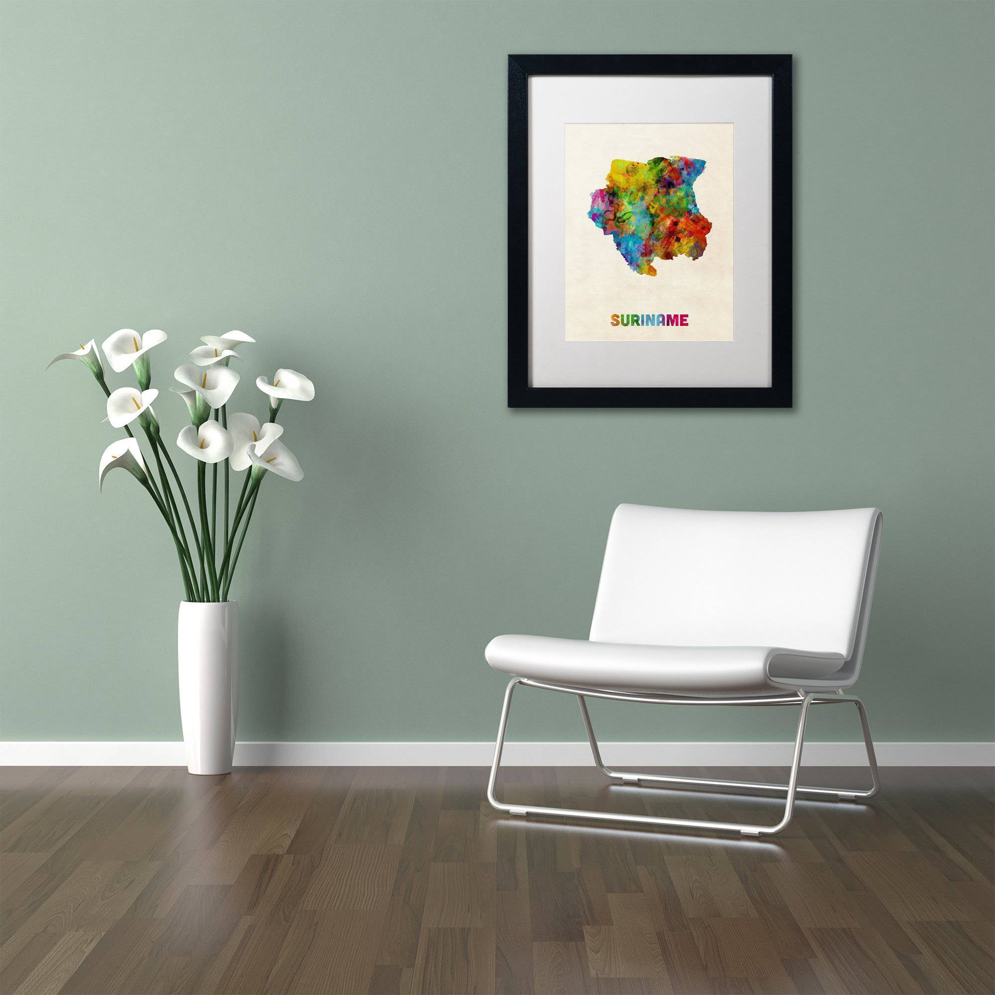 Trademark Fine Art "Suriname Watercolor Map" Canvas Art by Michael Tompsett White Matte, Black Frame