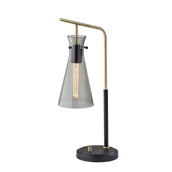 Adesso Walker 24" Black and Antique Brass Desk Lamp with Smoked Glass Conical Shade