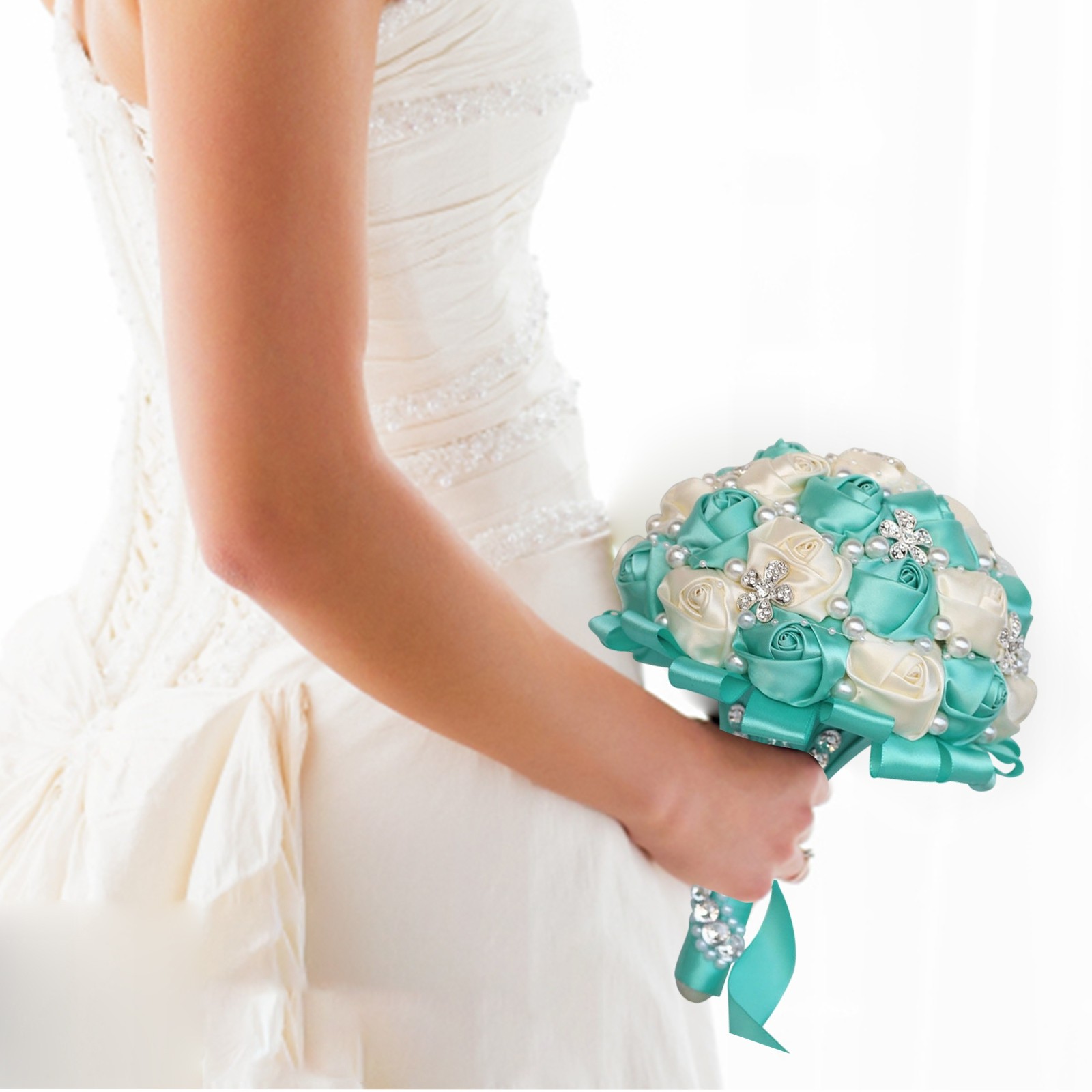 Royal Bridal Bouquet Handmade with Satin Roses & Pearls - Wedding Bouquet Holder for Bride and Bridesmaids, Rhinestone Wedding Flower Arrangements in Ivory White