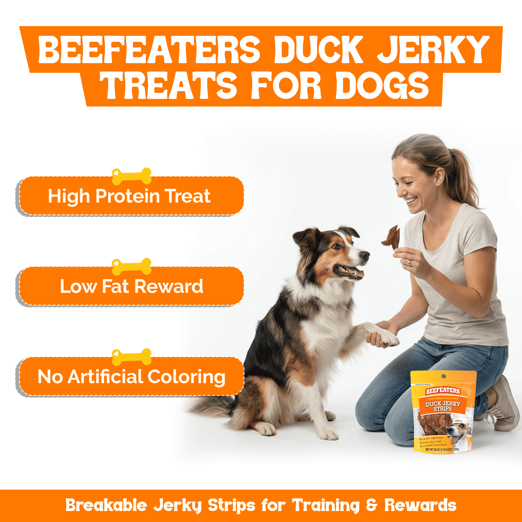 Beefeaters Duck Jerky Strips for Dogs 38oz, Oven-Baked High Protein Dog Treats Duck Jerky - Low Fat Grain-Free Dog Snacks - No Corn Wheat or Soy - Chewy Dog Jerky Treats for Training and Rewards